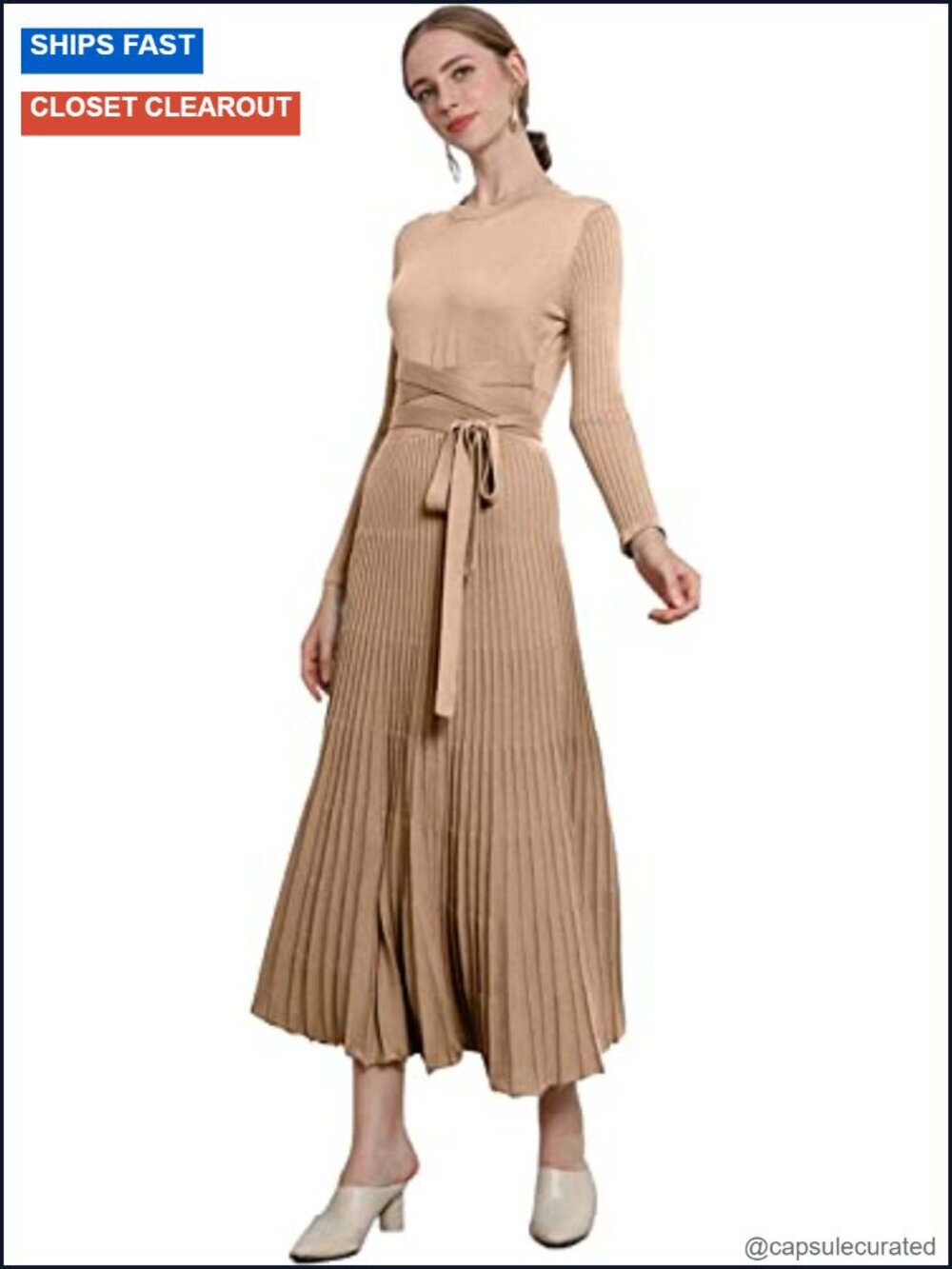 Pleated Long Sleeve Sweater Dress Ankle Length Fit Flare